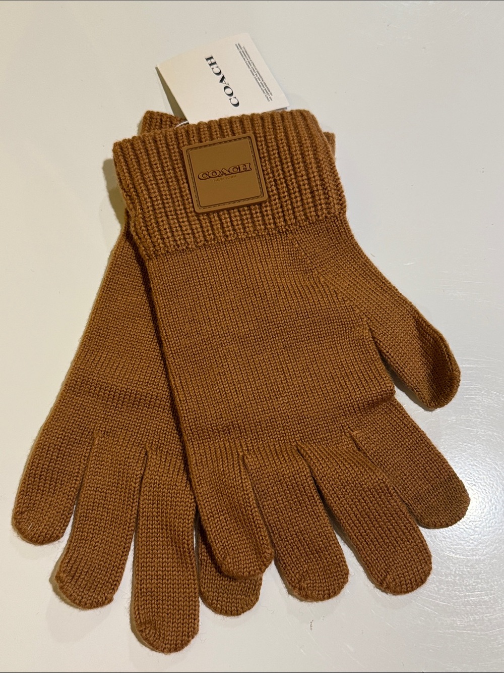 COACH Brown Knit Men’s Gloves with Logo Patch